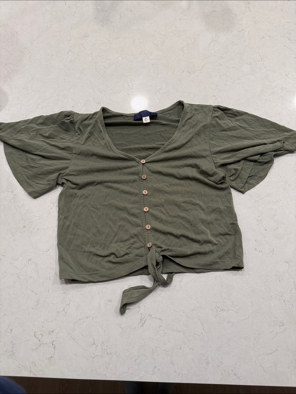 Olive Green Button-Front Tie Hem Women's Top